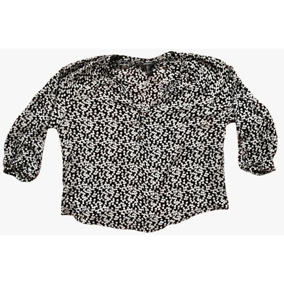 Forever 21 Black and White heart Print Blouse Sheer Quarter sleeve top- Size Lg - Picture 1 of 8